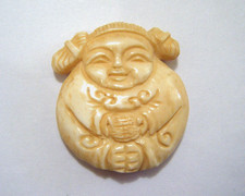 Japanese Carved Netsuke/Okimono Figure of a Child in Floral Kimono and Cap — listing 6