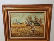 Signed Original Oil Painting of Rural Barn Landscape, Framed