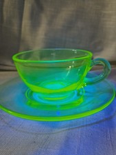Federal Glass Green Uranium Vaseline Glass Cup and Saucer, Optic Panel Pattern, 3.5" Cup / 5" Saucer — listing 3