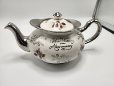 25th Anniversary Commemorative Ceramic Teapot with Gray Floral Toile and Silver Trim — listing 2