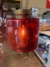 Antique Victorian Cranberry Glass Hanging Hall Lamp with Brass Font and Ceiling Canopy — listing 4