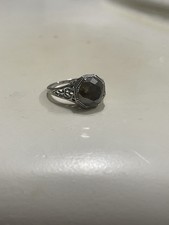 Art Deco Navette-Shaped Filigree Dinner Ring with Diamonds and Sapphire Calibre Halo — listing 4