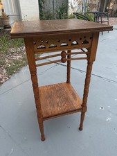 Antique Victorian Eastlake Carved Walnut Side Chair with Oval Tufted Upholstered Back, Brown Frame with Beige Seat (20"W x 41"H x 20"D) — listing 4