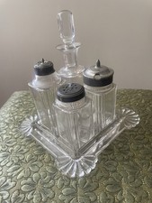 Antique Victorian EAPG Pressed Glass Castor Set Bottles - Cruet, Salt & Pepper Shakers, and Mustard Pot with Pewter Lids (4 pieces plus stopper) — listing 4