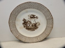Antique Victorian Brown Transferware Ironstone Platter with Polychrome Floral Border