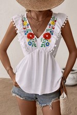 Boho Cream Smocked Sleeveless Top with Multicolor Pom-Pom Trim and Tassel