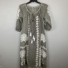 Dolma Cotton Linen Block-Print Dress, Blue Floral Medallion Pattern, Size S — listing 2