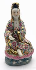 Porcelain Guanyin (Kwan Yin) Seated Figurine on Lotus Base with Hand-Painted Gilt Accents — listing 6