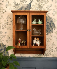Vintage Wall-Mounted Wooden Curio Display Cabinet with Glass Door and Turned Finials — listing 3