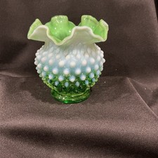 Green Opalescent Hobnail Footed Compote / Candy Dish with Ruffled Rim — listing 3
