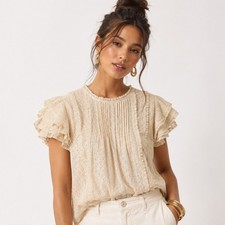 Cream Lace Eyelet Crochet-Trim Long-Sleeve Boho Blouse, Size M — listing 3