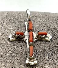 Zuni Sterling Silver Coral Petit Point Cross Dangle Earrings — listing 3