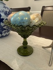 Vintage Emerald Green Pressed Glass Ruffled Compote with Grape & Leaf Pattern on Pedestal Base — listing 6