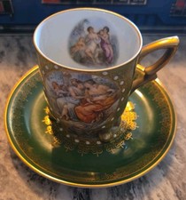 Mitterteich Bavaria Miniature Demitasse Cup and Saucer, Dark Blue Gold and White with Concentric Circle Motif, Footed