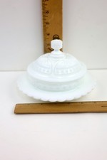 Milk Glass Pedestal Candy Dish with Embossed Fruit Pattern and Domed Lid — listing 4