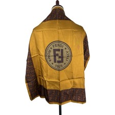 Fendi Zucca FF Monogram Silk Scarf, Gold and Brown with Satin Border, listing 6