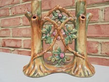 Pair of Weller Woodcraft 7" Twin-Handled Bud Vases with Applied Plum & Foliage