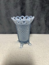 Blue Opalescent Open Lace Edge Footed Bowl in Cane / Windows Pattern — listing 4