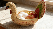 Carved Wood Rooster Head & Tail Woven Rattan Storage Basket — listing 6
