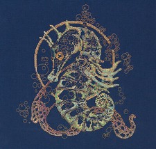 Framed Hand-Stitched Seahorse Cross-Stitch Needlework, Green Mat — listing 5