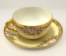 Antique Hand-Painted Green & Gilt Floral Porcelain Teacup and Saucer — listing 2