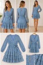 Japna Teal Blue Swiss Dot Long-Sleeve Tiered Wrap Dress, Size XL — listing 4
