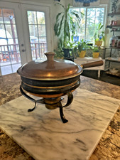 Vintage Copper and Brass Chafing Dish with Wooden Handle and Fuel Burner — listing 4