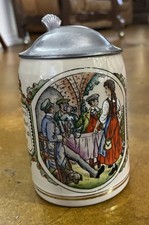 German Ceramic Beer Steins with Pewter Lids and Painted Glass Stein (Group)