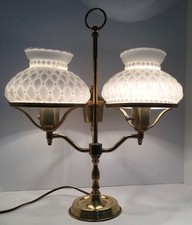 Vintage Double Student Lamp with Cobalt Blue Glass Fonts, Etched Glass Chimney Shades, Brass Column and Marble Base