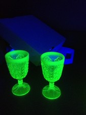 Antique Vaseline Uranium Glass Goblet, Daisy & Button Pattern, 6 1/4 inches
