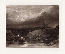 Antique 1901 Sepia Photogravure Print of Windmill Landscape with Sailboat in Oak Frame — listing 2