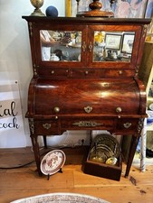 Antique Edwardian Inlaid Mahogany Cylinder Roll-Top Writing Desk with Glazed Bookcase Top — listing 6