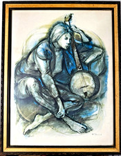 Framed Charcoal/Lithograph Figural Drawing of Reclining Nudes and Draped Figures, Signed Lower Left — listing 5