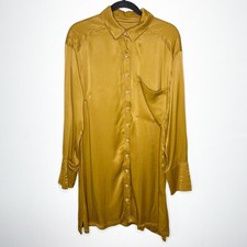 Mustard Yellow Button-Front Midi Shirt Dress with Camp Collar and Gathered Skirt — listing 6