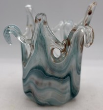 Murano Style Splash/Drape Art Glass Vase Aqua Blue White Swirl — listing 3