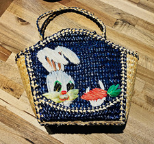 1930s Large Round Woven Straw Handbag with Floral Raffia Rosettes, Wooden Ring Handles, Natural & Rose, 16x17x6 in — listing 2