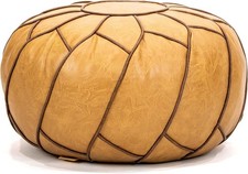 Square Faux Leather Ottoman Pouf, Tan/Camel Panel-Stitched Floor Cushion — listing 4