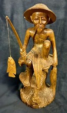 Vintage Asian Carved Wooden Fisherman Statue with Fish and Rod — listing 4