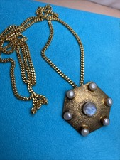 Vintage Oval Moonstone-Style Cabochon Brooch with Beaded Marcasite-Look Border — listing 6