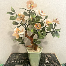 Chinese Jade & Hardstone Flowering Bonsai Tree in Celadon Carved Planter, listing 2