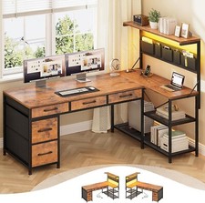 Corner Computer Desk with Glass Top, Elevated Monitor Shelf, and Side Storage Shelves