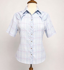 Vintage Pastel Plaid Textured Button-Up Shirt with Frayed Raw-Edge Seams — listing 5