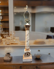 Tall Tole-Style Buffet Table Lamp with Red Empire Shade and Gilt Scroll Accents — listing 5