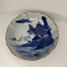 Antique Japanese Sometsuke Blue & White Porcelain Namasu Bowl with Calligraphy & Landscape
