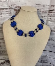 Vintage Carved Turquoise-Blue Beaded Statement Necklace with Black Faceted Glass Spacers — listing 3
