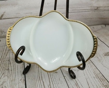 Vintage Anchor Hocking Fire King White Milk Glass 3-Section Divided Relish Dish with Gold Beaded Trim (Pair) — listing 4