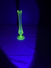 Vintage Uranium Glass Bud Vase with Swung Ruffled Rim, Green, 8 inches tall (with glass flower spray) — listing 4