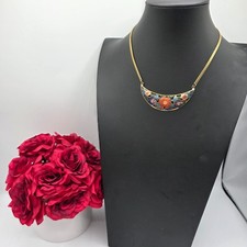 cloisonne enamel Vintage Cloisonné Enamel Crescent Bib Necklace with Floral Design on Blue Cord — listing 5
