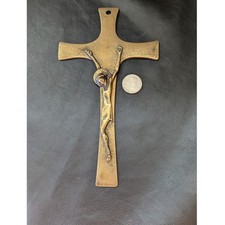 Mid-Century Modernist Bronze Crucifix on Cherry Wood Cross — listing 3