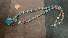 1980s Turquoise-Colored Stone Pendant Necklace with Heishi Beads on Gold-Tone Chain — listing 5